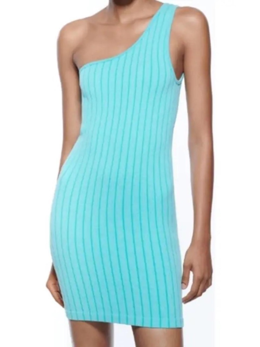 ZARA  One Shoulder Bodycon Baby Blue Mini Ribbed Dress XS